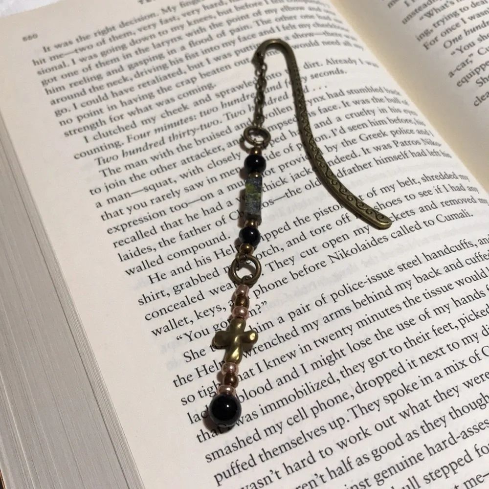 Metal Shepherds Hook Bookmark w/Chain, Metal Cross Bd, Gemstone Bds, & Glass Bds